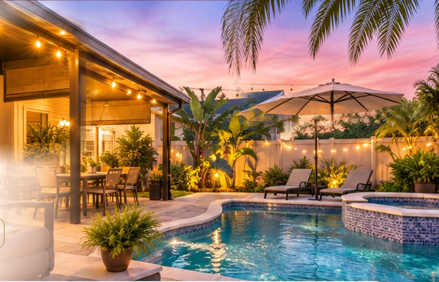Ambiente de inspiración: piscina y patio al atardecer